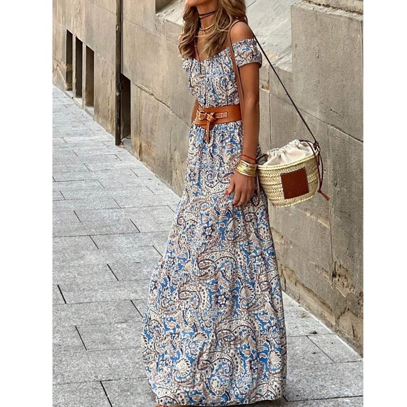 013 Boho Paisley Floral Print Off Shoulder Maxi Dress - Picture 2 of 7